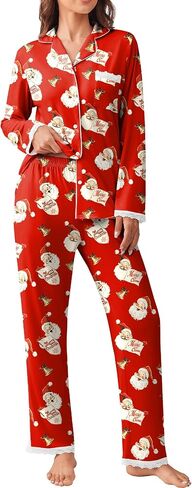 Ekouaer Womens Pajamas Set Long Sleeve Sleepwear Button Down Lounge Set 2 Pieces Soft Nightwear Lace Pjs Set Dark Black in Saudi Arabia