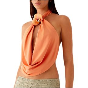 HOXIJIA Women Cowl Neck Halter Top Front Draped Y2K 3D Flower Tank Top Fairy Grunge Solid Color Backless Party Clubwear in Kuwait