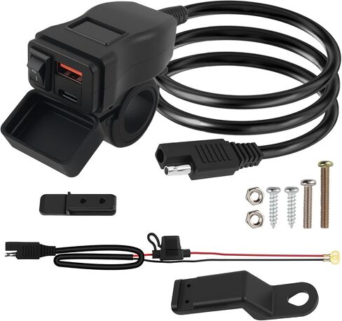 Motorcycle Phone Charger,Dual USB QC + 30W PD Quick Motorcycle USB Charger with Red Voltmeter and ON/Off Switch,SAE to USBs & Type C Motorcycles USBs Port for Tablet,Phone,GPS in Saudi Arabia