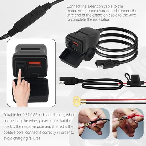 Motorcycle Phone Charger,Dual USB QC + 30W PD Quick Motorcycle USB Charger with Red Voltmeter and ON/Off Switch,SAE to USBs & Type C Motorcycles USBs Port for Tablet,Phone,GPS in Saudi Arabia
