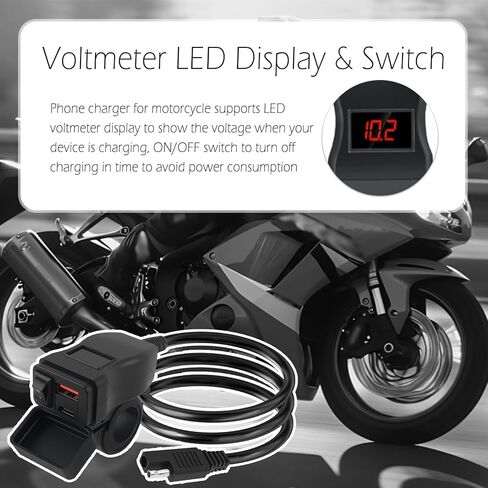 Motorcycle Phone Charger,Dual USB QC + 30W PD Quick Motorcycle USB Charger with Red Voltmeter and ON/Off Switch,SAE to USBs & Type C Motorcycles USBs Port for Tablet,Phone,GPS in Saudi Arabia
