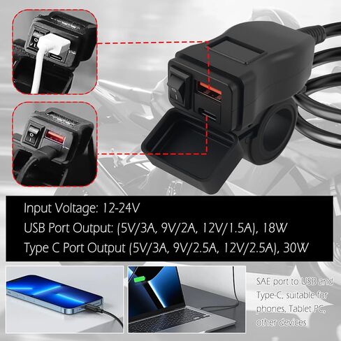Motorcycle Phone Charger,Dual USB QC + 30W PD Quick Motorcycle USB Charger with Red Voltmeter and ON/Off Switch,SAE to USBs & Type C Motorcycles USBs Port for Tablet,Phone,GPS in Saudi Arabia