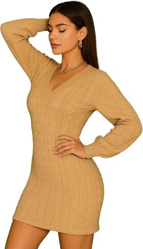 Women’s Cable Knit Sweater Dress Long Sleeve V Neck Slim Fit Pullover Warm Cozy Fall Winter Knitwear Outfits in Saudi Arabia