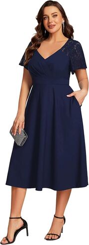 فساتين حفلات الكوكتيل متوسطة الطول بأكمام قصيرة ورقبة على شكل V من Ever-Pretty Plus للسيدات مع جيوب 02334-DA in Kuwait