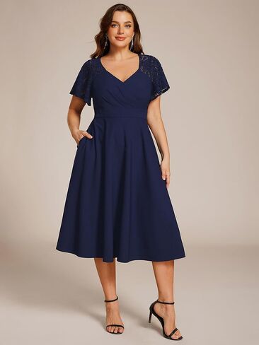 فساتين حفلات الكوكتيل متوسطة الطول بأكمام قصيرة ورقبة على شكل V من Ever-Pretty Plus للسيدات مع جيوب 02334-DA in Kuwait