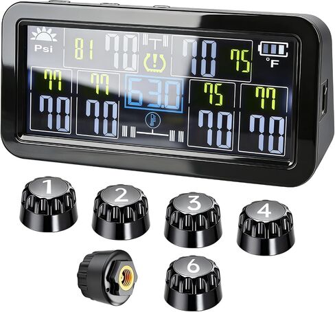 Tire Pressure Monitoring System - RV TPMS with 6 External Sensors & 6 Alert Modes, 4.0" Large LCD Display, Intelligent On/Off Solar TPMS for Trailer Camper SUV Pickup truck Easy to install, 0-144 PSI in Kuwait