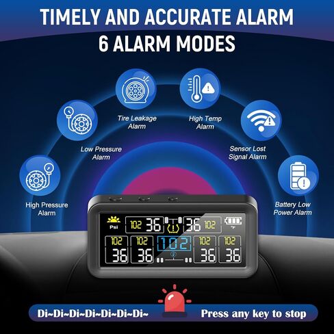Tire Pressure Monitoring System - RV TPMS with 6 External Sensors & 6 Alert Modes, 4.0" Large LCD Display, Intelligent On/Off Solar TPMS for Trailer Camper SUV Pickup truck Easy to install, 0-144 PSI in Kuwait