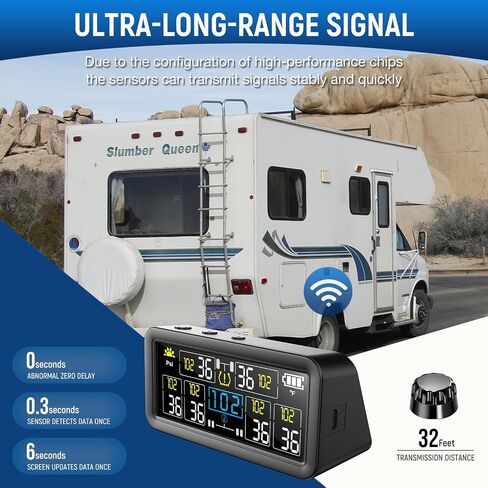 Tire Pressure Monitoring System - RV TPMS with 6 External Sensors & 6 Alert Modes, 4.0" Large LCD Display, Intelligent On/Off Solar TPMS for Trailer Camper SUV Pickup truck Easy to install, 0-144 PSI in Kuwait