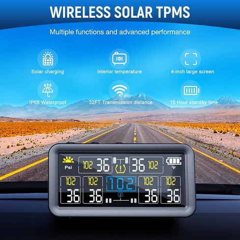 Tire Pressure Monitoring System - RV TPMS with 6 External Sensors & 6 Alert Modes, 4.0" Large LCD Display, Intelligent On/Off Solar TPMS for Trailer Camper SUV Pickup truck Easy to install, 0-144 PSI in Kuwait