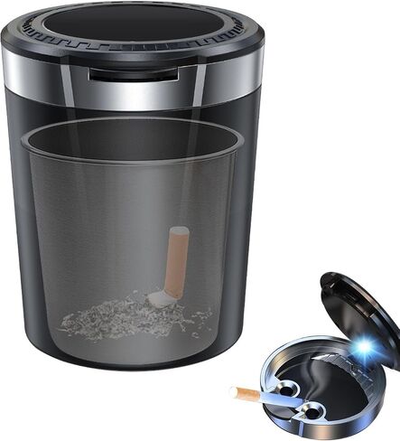 Ashtray with Lid Smell Proof, Smokeless Ash tray for Cup Holder, Detachable Stainless Steel Auto LED Light Ash Tray for Car, Office, Home (Black) in Saudi Arabia