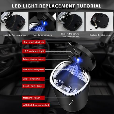 منفضة سجائر السيارة مع غطاء، صينية رماد مقاومة للرائحة وقابلة للفصل مع ضوء أزرق LED، سلة مهملات صغيرة محمولة لحامل أكواب السيارة، منفضة سجائر من الفولاذ المقاوم للصدأ مقاومة للماء للسيارة والمكتب المنزلي in Saudi Arabia