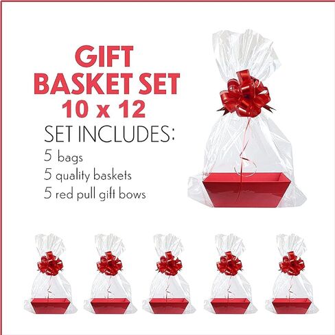 (5pk) Large Baskets For Gifts Empty, Tray For Gifting, Storage 10x12" Sturdy Cardboard Tray With Handles, 5 Cellophane Gift Bags And 5 Gold Pull Bows For Gifting in Saudi Arabia