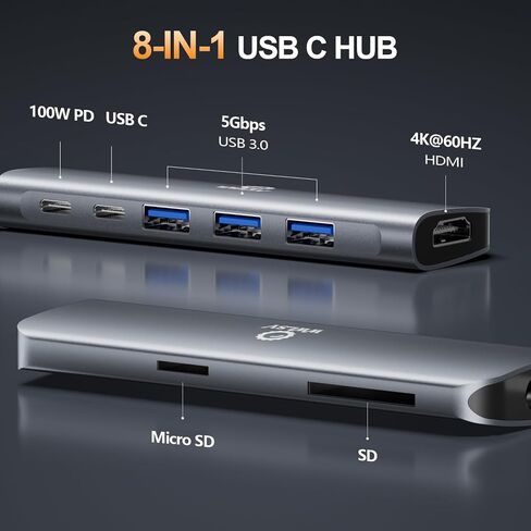 محور USB C 9 في 1 مع 4K HDMI، 100W PD، منفذ USB C، USB 3.0، RJ45 Ethernet، قارئ بطاقة SD/TF، ​​محطة إرساء متوافقة مع MacBook Pro/MacBook Air، XPS، Chromebook والمزيد من الأجهزة من النوع C in Kuwait