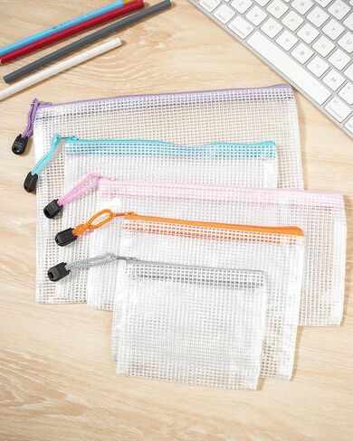 5 Pack Mesh Zipper Pouch Set, Waterproof Zipper Bags, Supplie Storage for Office, Travel, and Home Organization, 5 Colors & Sizes(A5, A6, Bills, B6, B8) in Saudi Arabia
