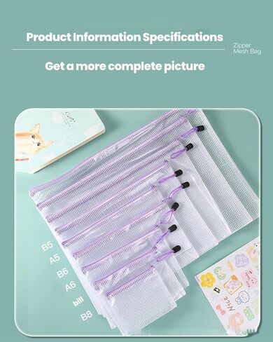 5 Pack Mesh Zipper Pouch Set, Waterproof Zipper Bags, Supplie Storage for Office, Travel, and Home Organization, 5 Colors & Sizes(A5, A6, Bills, B6, B8) in Saudi Arabia