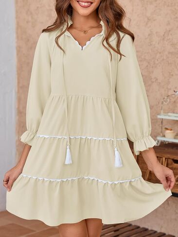 فستان نسائي قصير كاجوال من Wenrine بأكمام طويلة وكشكشة على شكل زهور ورقبة على شكل حرف V للخريف وفساتين بيبي دول بوهو فضفاضة مع جيوب in Kuwait