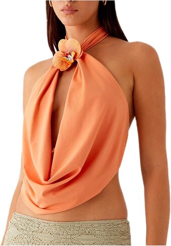 HOXIJIA المرأة القلنسوة الرقبة الرسن العلوي الجبهة ثنيات Y2K ثلاثية الأبعاد زهرة تانك القمم الجنية الجرونج بلون عارية الذراعين ملابس الحفلات in Kuwait