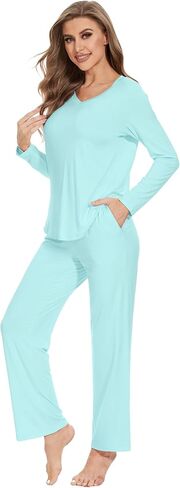 WiWi Pajamas for Women Bamboo Viscose Long Sleeve Sleepwear with Pants Set Soft Casual Pj Warm Lounge Sets S-XXL in Saudi Arabia