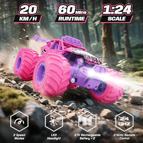 Remote Control Car, All Terrain RC Cars with Speed Switch RC Truck with LED Headlight and Rechargeable Batteries, 20KM/H Monster Truck Toys Gift for Girls Age 6-8 8-12, Pink in Saudi Arabia