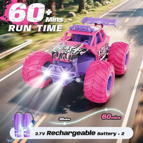 Remote Control Car, All Terrain RC Cars with Speed Switch RC Truck with LED Headlight and Rechargeable Batteries, 20KM/H Monster Truck Toys Gift for Girls Age 6-8 8-12, Pink in Saudi Arabia