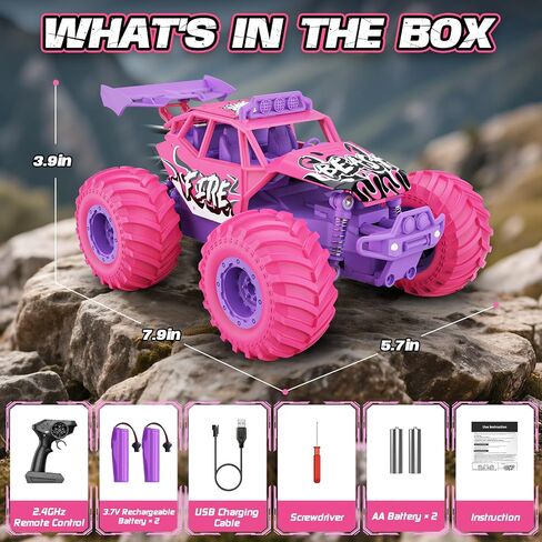 Remote Control Car, All Terrain RC Cars with Speed Switch RC Truck with LED Headlight and Rechargeable Batteries, 20KM/H Monster Truck Toys Gift for Girls Age 6-8 8-12, Pink in Saudi Arabia