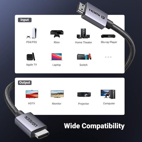 UGREEN 8K HDMI 2.1 Cable 48Gbps 6.6FT, Certified Ultra High Speed HDMI Cord | Aluminum, 4K@240Hz 120Hz 10K 8K@60Hz, HDCP 2.2&2.3, eARC HDR 10 Dolby Compatible with PS5/Blu-ray/Roku TV/Switch 2/Mac mini in Saudi Arabia