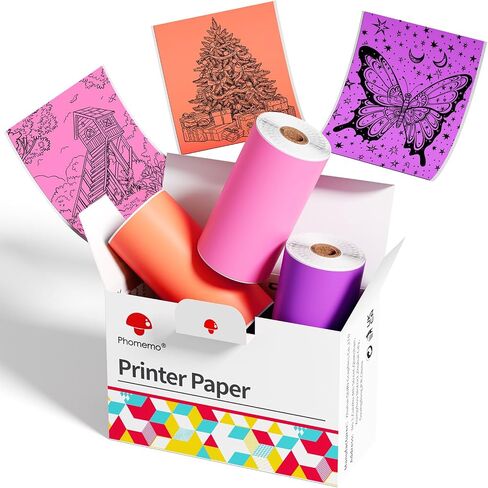 Phomemo Colorful Thermal Sticker Paper T02/M02X/Y02C/Q02 Pocket Printer, Black Character on Purpple/Pink/Orange, 50mm x 3.5m, Diameter 30mm, 3 Rolls in Saudi Arabia