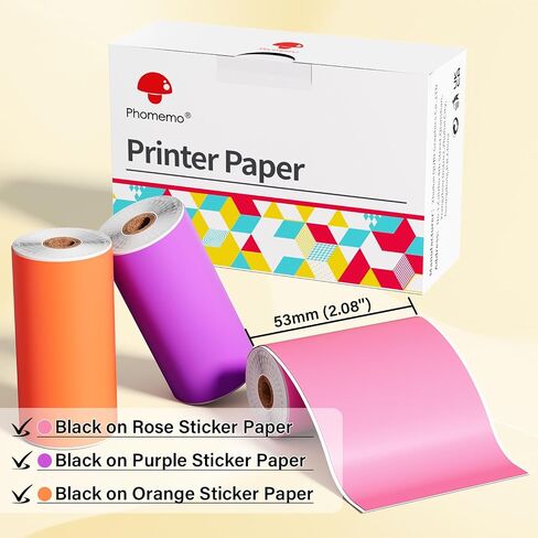 Phomemo Colorful Thermal Sticker Paper T02/M02X/Y02C/Q02 Pocket Printer, Black Character on Purpple/Pink/Orange, 50mm x 3.5m, Diameter 30mm, 3 Rolls in Saudi Arabia