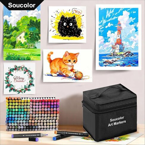 أقلام تحديد كحول Soucolor 120 لونًا مع حافظة وحاملات، وإزميل مزدوج الأطراف وأقلام رسم فنية دقيقة لتلوين البالغين ورسم الأطفال، ومستلزمات فنية لأقلام التحديد الفنية لمزج الرسم in Kuwait