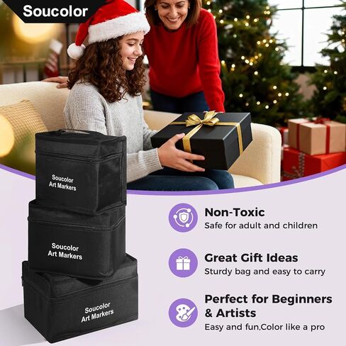 أقلام تحديد كحول Soucolor 120 لونًا مع حافظة وحاملات، وإزميل مزدوج الأطراف وأقلام رسم فنية دقيقة لتلوين البالغين ورسم الأطفال، ومستلزمات فنية لأقلام التحديد الفنية لمزج الرسم in Kuwait