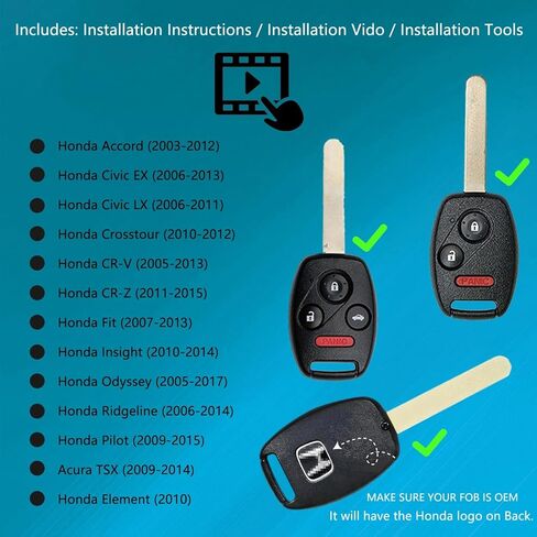 for Honda Key Fob Shell Replacement Civic Accord Fit CR-Z CR-V Pilot Odyssey Insight Crosstour Element Ridgeline,for Acura TSX Key Fob Case Cover (Check Fitment Guide) (Black, 4 Button) in Saudi Arabia
