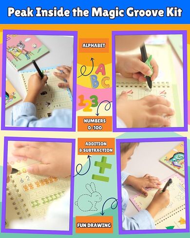 ممارسة الكتابة السحرية المخددة من Little Ateliér للأطفال من سن 3 إلى 8 سنوات - مصنفات الكتابة اليدوية المحززة القابلة لإعادة الاستخدام، ممارسة الكتابة اليدوية البادئة، حقيبة الحمل، الملصقات، القلم، 5 عبوات in Saudi Arabia