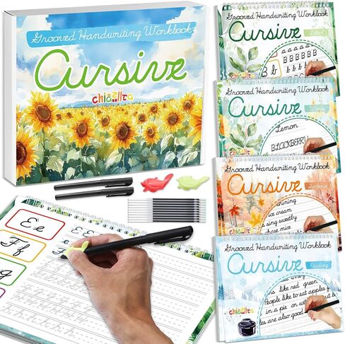 chiazllta 4 Pack Grooved Cursive Handwriting Practice Kit with Disappearing Ink Pens Magic Reusable Grooved Cursive Writing Workbooks Copybook for Beginners Kids (Words&Sentence&Reading&Letters) in Saudi Arabia