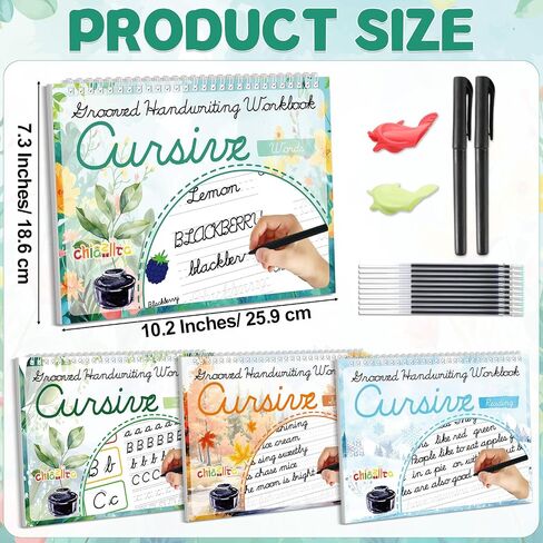 chiazllta 4 Pack Grooved Cursive Handwriting Practice Kit with Disappearing Ink Pens Magic Reusable Grooved Cursive Writing Workbooks Copybook for Beginners Kids (Words&Sentence&Reading&Letters) in Saudi Arabia