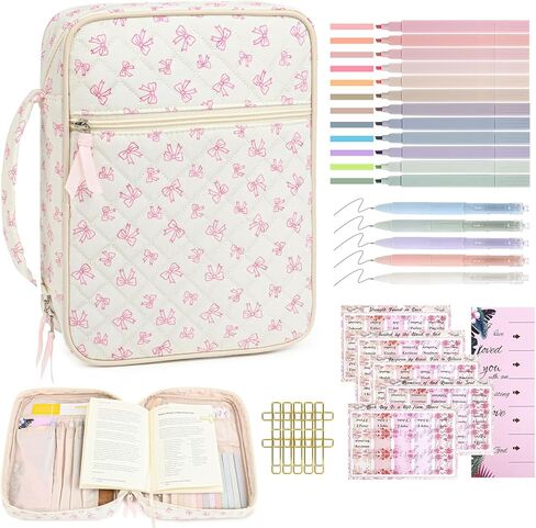 Aileam Bible Cover Case for Women: Bible Study Supplies Kit with Bible Highlighters, Christian Gifts for Women - Pink Bow, Cotton, Solid in Saudi Arabia