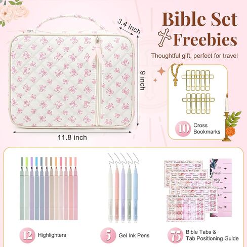Aileam Bible Cover Case for Women: Bible Study Supplies Kit with Bible Highlighters, Christian Gifts for Women - Pink Bow, Cotton, Solid in Saudi Arabia