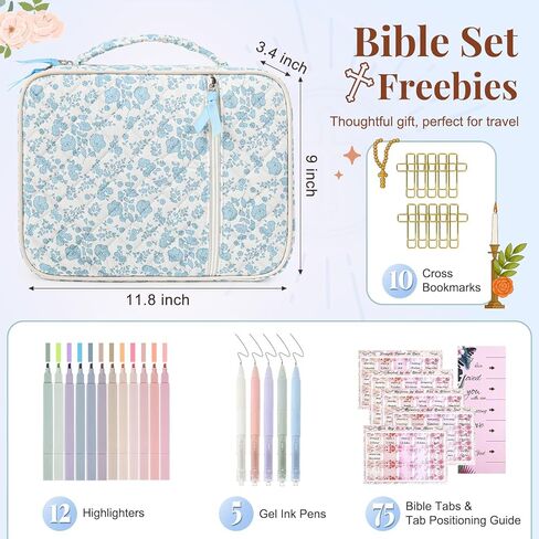 حافظة غطاء الكتاب المقدس للنساء من Aileam: مجموعة لوازم دراسة الكتاب المقدس مع أقلام تحديد الكتاب المقدس، هدايا مسيحية للنساء - قوس وردي، قطن، صلب in Kuwait