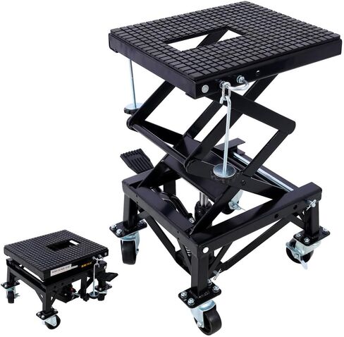 طاولة رفع هيدروليكية للدراجات النارية، رافعة مقصية بسعة 300 رطل مع سطح مطاطي عريض، دواسة تعمل بالقدم، خطافات J و4 عجلات، حامل دراجة نارية ودراجة ترابية للصيانة والتخزين (أسود) in Kuwait