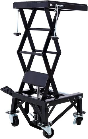 طاولة رفع هيدروليكية للدراجات النارية، رافعة مقصية بسعة 300 رطل مع سطح مطاطي عريض، دواسة تعمل بالقدم، خطافات J و4 عجلات، حامل دراجة نارية ودراجة ترابية للصيانة والتخزين (أسود) in Kuwait