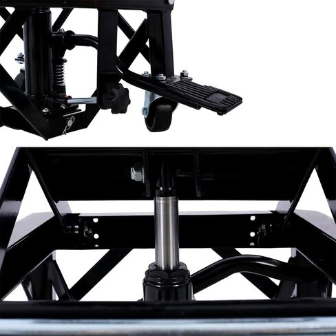 طاولة رفع هيدروليكية للدراجات النارية، رافعة مقصية بسعة 300 رطل مع سطح مطاطي عريض، دواسة تعمل بالقدم، خطافات J و4 عجلات، حامل دراجة نارية ودراجة ترابية للصيانة والتخزين (أسود) in Kuwait