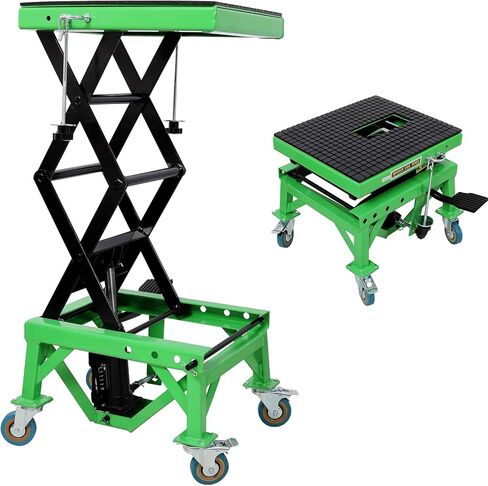 رافعة هيدروليكية مقصية للدراجات النارية، طاولة رفع تعمل بالقدم بسعة 350 رطلًا مع سطح مطاطي عريض، وخطافات J و4 عجلات، وحامل دراجة نارية ودراجة ترابية للصيانة، وATV والدراجات الصغيرة - أخضر in Kuwait