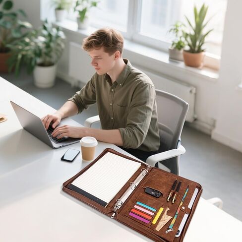 محفظة كالفيندر ذات 3 حلقات مع سحاب، حافظة جلدية للرجال والنساء، منظم محفظة الأعمال مع حامل الكمبيوتر اللوحي/المستندات، حافظة جلدية للمقابلة/المكتب، هدية للرجال in Kuwait