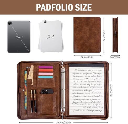 محفظة كالفيندر ذات 3 حلقات مع سحاب، حافظة جلدية للرجال والنساء، منظم محفظة الأعمال مع حامل الكمبيوتر اللوحي/المستندات، حافظة جلدية للمقابلة/المكتب، هدية للرجال in Kuwait