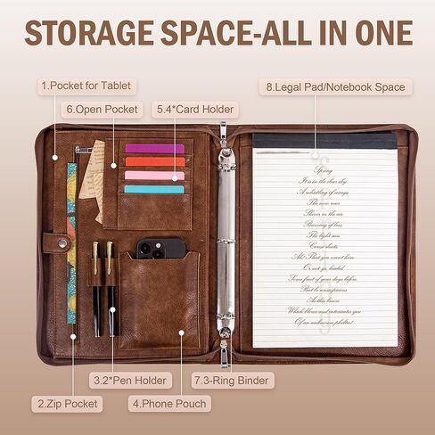 محفظة كالفيندر ذات 3 حلقات مع سحاب، حافظة جلدية للرجال والنساء، منظم محفظة الأعمال مع حامل الكمبيوتر اللوحي/المستندات، حافظة جلدية للمقابلة/المكتب، هدية للرجال in Kuwait