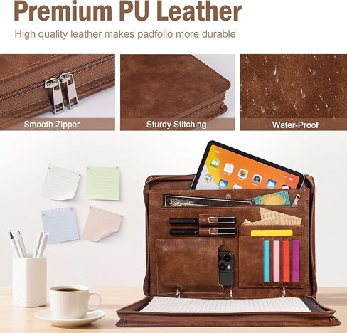 محفظة كالفيندر ذات 3 حلقات مع سحاب، حافظة جلدية للرجال والنساء، منظم محفظة الأعمال مع حامل الكمبيوتر اللوحي/المستندات، حافظة جلدية للمقابلة/المكتب، هدية للرجال in Kuwait