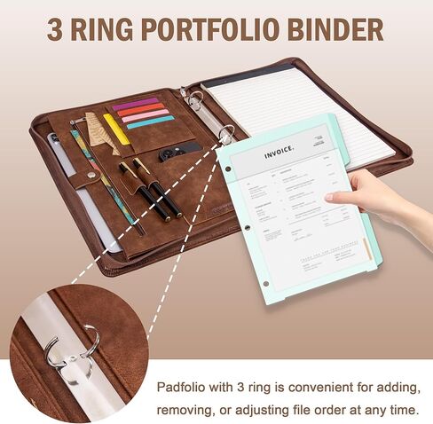 محفظة كالفيندر ذات 3 حلقات مع سحاب، حافظة جلدية للرجال والنساء، منظم محفظة الأعمال مع حامل الكمبيوتر اللوحي/المستندات، حافظة جلدية للمقابلة/المكتب، هدية للرجال in Kuwait