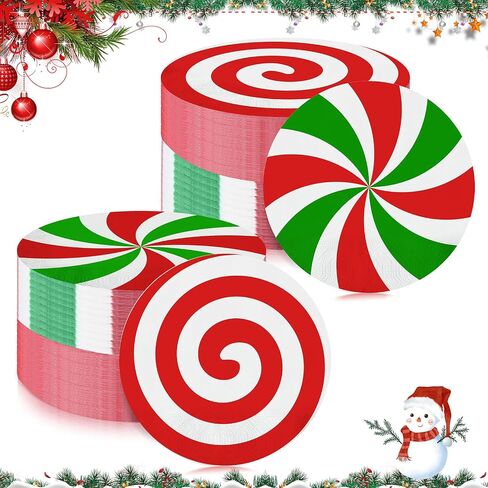 100 Pcs Christmas Candy Paper Napkins Peppermint Christmas Cocktail Napkins 6.3 x 6.3 Inch Red Green Striped Round Lollipop Paper Towels for Xmas Dinner Winter Holiday Party Supplies in Saudi Arabia