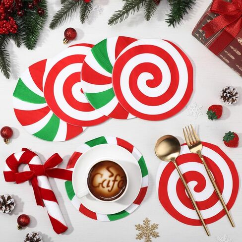 100 Pcs Christmas Candy Paper Napkins Peppermint Christmas Cocktail Napkins 6.3 x 6.3 Inch Red Green Striped Round Lollipop Paper Towels for Xmas Dinner Winter Holiday Party Supplies in Saudi Arabia