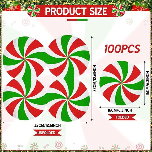 100 Pcs Christmas Candy Paper Napkins Peppermint Christmas Cocktail Napkins 6.3 x 6.3 Inch Red Green Striped Round Lollipop Paper Towels for Xmas Dinner Winter Holiday Party Supplies in Saudi Arabia