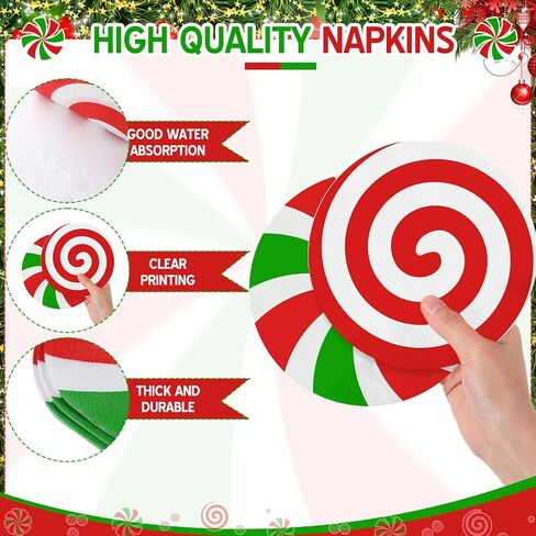 100 Pcs Christmas Candy Paper Napkins Peppermint Christmas Cocktail Napkins 6.3 x 6.3 Inch Red Green Striped Round Lollipop Paper Towels for Xmas Dinner Winter Holiday Party Supplies in Saudi Arabia